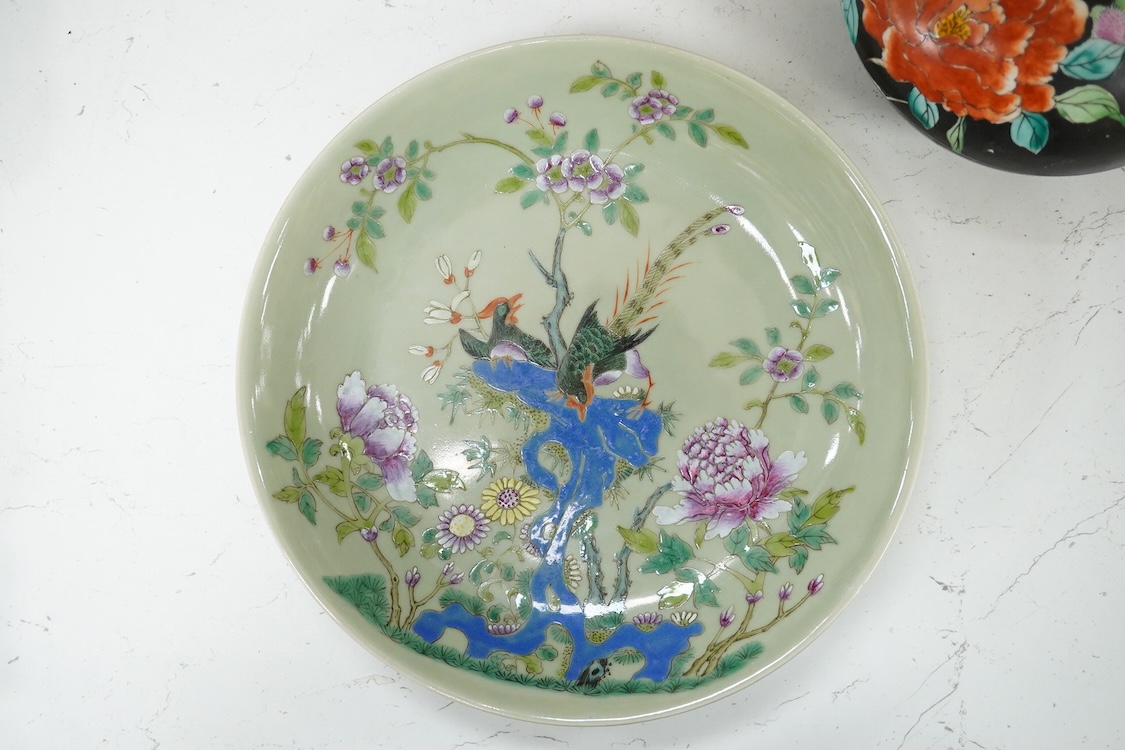 A Chinese celadon and blue and white vase, a dish decorated with birds and flowers and a pot and cover, largest 23cm in diameter